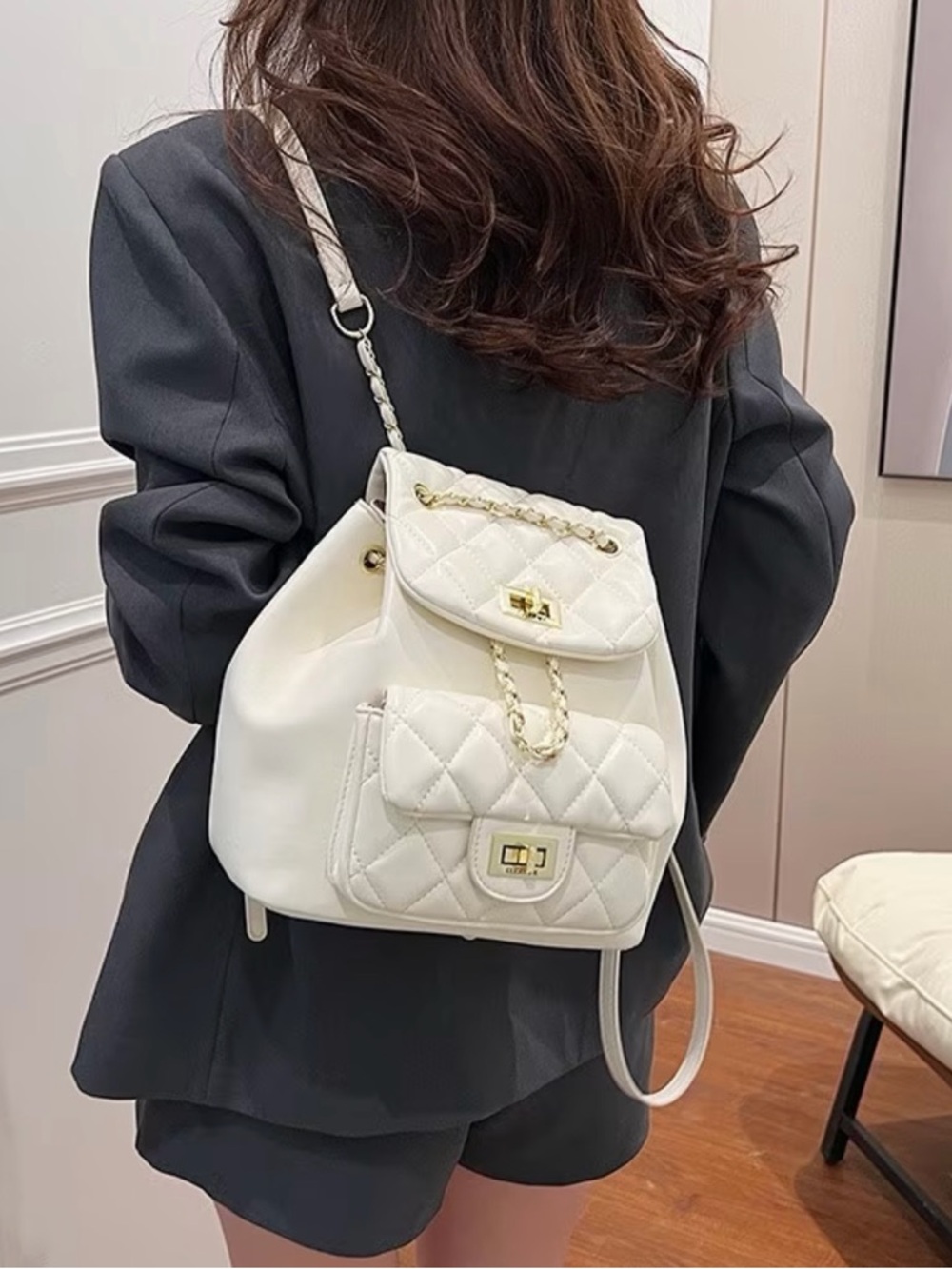 Macy's White Quilted Chain-Accent Backpack